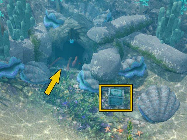 Płynąc w lewo od pierwszej jaskini, trafisz na drugą jaskinię w tej grocie i skrzynię nr 4, otoczone niebieskimi muszlami - Skrzynie i jaskinie | Plaża i ocean | The Sims 3 Rajska wyspa - The Sims 3: Rajska wyspa - poradnik do gry