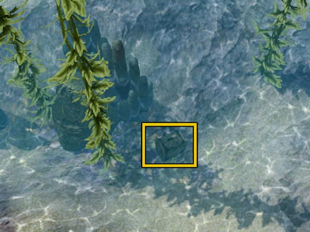 Płynąc w prawo od wspomnianej jaskini, skalistym wąwozem dotrzesz do wielkiej kamiennej głowy, za którą znajdziesz skrzynię nr 5 - Skrzynie i jaskinie | Plaża i ocean | The Sims 3 Rajska wyspa - The Sims 3: Rajska wyspa - poradnik do gry