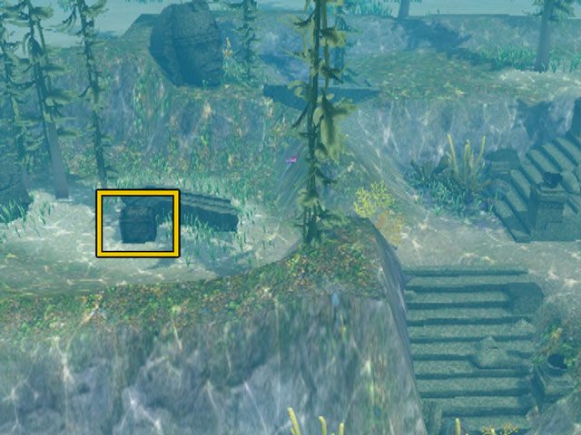 Po jej otwarciu odwróć się i popłyń prosto, w kotlince (na lewo od drugich schodów), obok fragmentu zrujnowanego i zwalonego muru leży skrzynia nr 6 - Skrzynie i jaskinie | Plaża i ocean | The Sims 3 Rajska wyspa - The Sims 3: Rajska wyspa - poradnik do gry