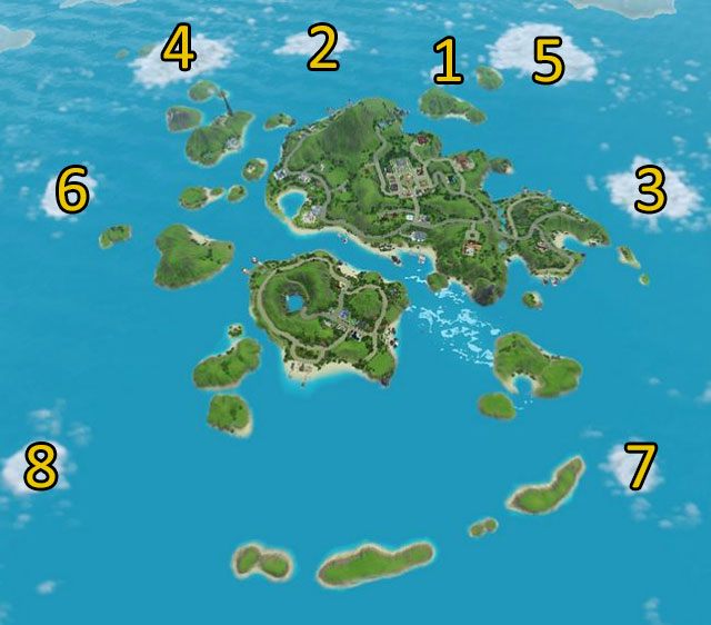 Powyżej mapa otoczenie Isla Paradiso z uwzględnieniem wszystkich wysp - Odkrywanie wysp | The Sims 3 Rajska wyspa - The Sims 3: Rajska wyspa - poradnik do gry