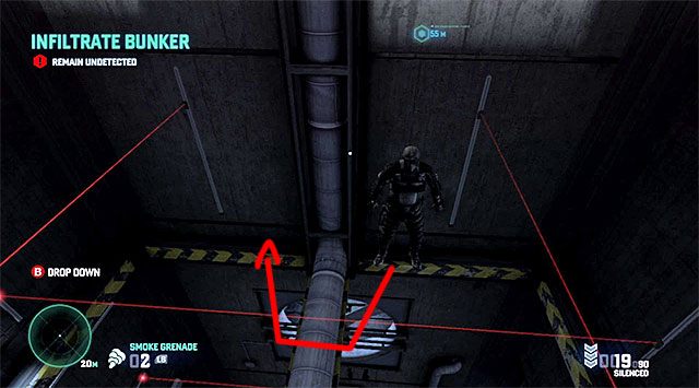 Przeprawa przez tunele wentylacyjne przedzielona jest koniecznością złapania się kilku nowych krawędzi, przy czym na kolejne lasery wpadniesz dopiero po znalezieniu się w drugim pionowym szybie - Zinfiltrowanie bunkra | Misja 12 - Obiekt F | Splinter Cell Blacklist - Tom Clancys Splinter Cell: Blacklist - poradnik do gry