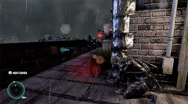 Udaj się w prawo, ignorując mijaną niższą partię dachu i pozostając w jego wyższej części - Dotarcie do szybu windy | Misja 5 - Opuszczony młyn | Splinter Cell Blacklist - Tom Clancys Splinter Cell: Blacklist - poradnik do gry