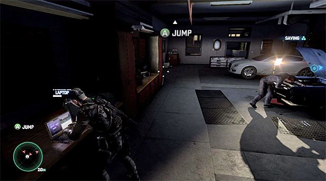Laptop jest na lewo od pojazdu, przy którym pracuje mechanik - Misje głównej kampanii | Laptopy Czarnej Listy (Blacklist Laptops) - Tom Clancys Splinter Cell: Blacklist - poradnik do gry