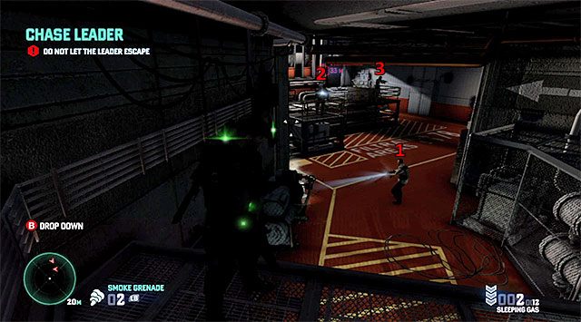 Po dłuższym pościgu dotrzesz do nowej lokacji z trzema przeciwnikami - Doścignięcie lidera komórki Inżynierów | Misja 11 - Terminal gazowy - Tom Clancys Splinter Cell: Blacklist - poradnik do gry