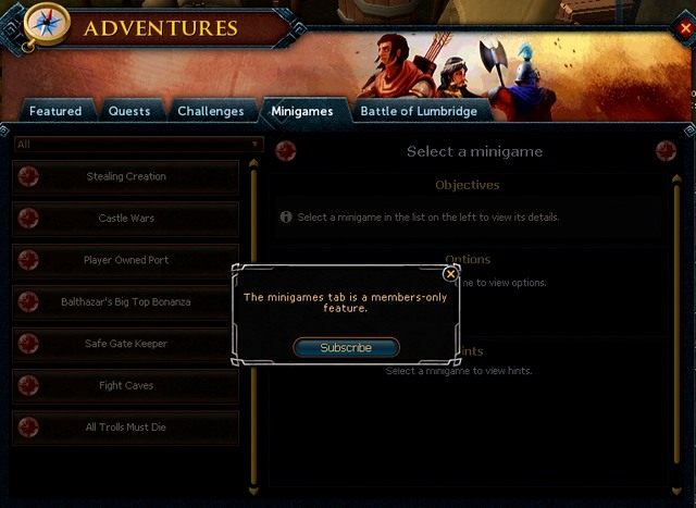 Zakładka dla subskrybentów z minigrami, czyli jedną z aktywności w grze RuneScape - Mikropłatności | RuneScape 3 - RuneScape 3 - poradnik dla początkujących