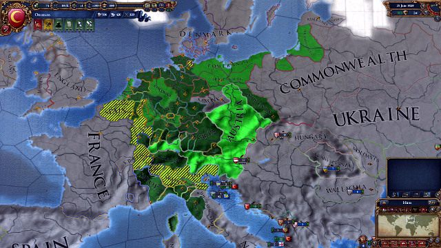 Granice HRE można zobaczyć w specjalnym trybie mapy. Najjaśniejsza zieleń to państwo cesarza. - Europa Universalis 4: Holy Roman Empire - Religia i kultura - Europa Universalis 4 - poradnik do gry