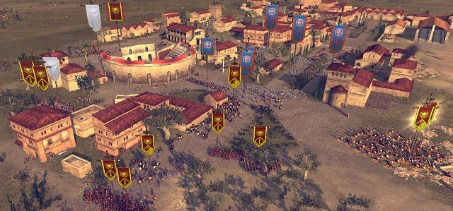 Kawaleria (prawa flanka) zaraz uderzy na znajdujący się w mieście motłoch. - Prolog w Total War Rome II | Początek - Total War: Rome II - poradnik do gry