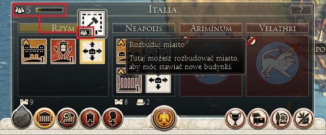 Jeśli spełniamy wymagania, po kliknięciu LPM na opcję rozbudowy miasta, nasz region wzbogaci się o nowy plac budowy - Rozbudowa i rozwój prowincji w Total War Rome II | Mapa strategiczna - Total War: Rome II - poradnik do gry
