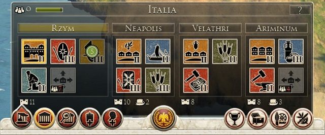 W przeciwieństwie do Rzymu, Magna Graecia służyła mi swoimi portami handlowymi (kolor niebieski) oraz farmami i pastwiskami (kolor zielony) - Przykładowe prowincje w Total War Rome II | Mapa strategiczna - Total War: Rome II - poradnik do gry