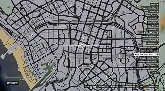 Miejsca wykonywania skoków poznasz po ikonie spadochronu - GTA 5: Niewliczone ryzyko - solucja, nagrody, wyzwania - GTA 5 - poradnik do gry