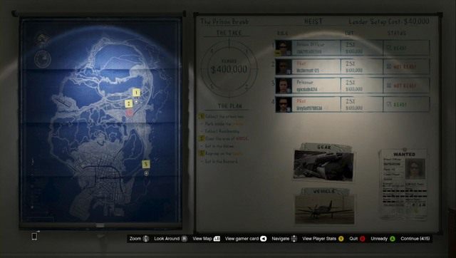 Ekran przygotowania do napadu, przydzielasz każdemu role i dole - GTA Online: Napady - porady - GTA 5 - poradnik do gry