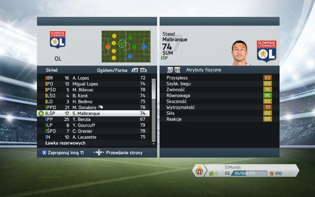 W menu składu możemy ustalić wyjściową jedenastkę zawodników, którzy pojawią się na boisku od pierwszej minuty oraz zestawienie ławki rezerwowych, gotowych podmienić zawodników nie spełniających naszych oczekiwań lub nie pasujących do naszej taktyki w trakcie meczu - Dobór składu i ustawienia na boisku | Taktyka w FIFA 14 - FIFA 14 - poradnik do gry
