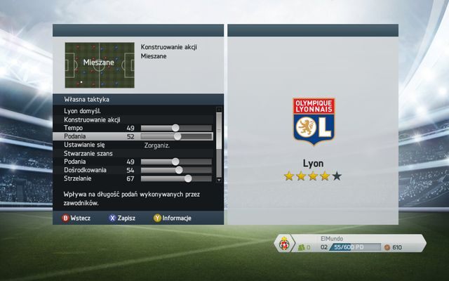 Panel własnej taktyki pozwala na określenie kilku ważnych z punktu widzenia rozgrywania akcji współczynników - za jego pomocą możemy określić zorientowanie ofensywy na różne sposoby finalizacji ataków, preferencje co do prowadzenia ofensywy środkiem boiska lub skrzydłami, jak również nakazu utrzyman - Własna taktyka, szybkie taktyki i role zawodników | Taktyka w FIFA 14 - FIFA 14 - poradnik do gry