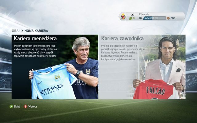 Karierę menedżerską rozpoczynamy rzecz jasna od wyboru odpowiedniej kariery - by rozpocząć ścieżkę menedżera, wybieramy opcję Kariera menedżera - karierą zawodnika zajmujemy się w innym fragmencie poradnika - Tryb kariery menedżerskiej w FIFA 14 - FIFA 14 - poradnik do gry