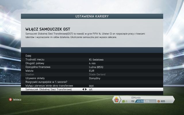 Kolejny ekran pozwala na określenie podstawowych danych dotyczących trybu kariery menedżerskiej - wybieramy poziom trudności oraz długość połowy rozgrywanych przez nas spotkań - Tryb kariery menedżerskiej w FIFA 14 - FIFA 14 - poradnik do gry
