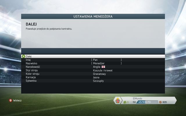 Ten ekran daje nam możliwość ustalenia personaliów naszego wirtualnego menedżera - Tryb kariery menedżerskiej w FIFA 14 - FIFA 14 - poradnik do gry