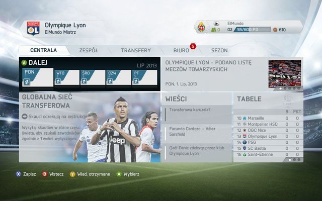 Tak oto trafiamy do centrali, czy głównego ekranu panelu menedżerskiego, z którego uzyskujemy dostęp do wszystkich funkcji oraz narzędzi, których szczegółowym przedstawieniem zajmiemy się w kolejnych częściach tego działu - Tryb kariery menedżerskiej w FIFA 14 - FIFA 14 - poradnik do gry