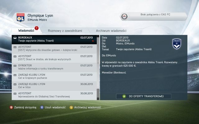 Po wystosowaniu zapytania wkrótce w naszej skrzynce pocztowej pojawia się mail z oczekiwaniami finansowymi klubu - dopiero wówczas możemy przejść do oferty transferowej i ustosunkować się do wymagań finansowych - Transfery i globalna sieć transferów | Tryb kariery menedżerskiej w FIFA 14 - FIFA 14 - poradnik do gry