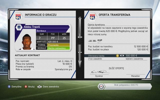 Po zbadaniu faktycznych umiejętności piłkarza nie pozostaje nam nic innego jak złożyć ofertę i czekać na jej akceptację ze strony klubu - powodzenie transakcji zależy już tylko od naszych możliwości finansowych i determinacji - Transfery i globalna sieć transferów | Tryb kariery menedżerskiej w FIFA 14 - FIFA 14 - poradnik do gry