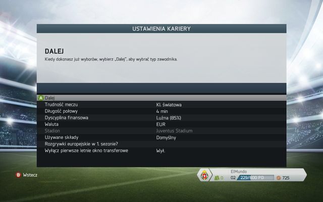 Podobnie jak w trybie menedżerskim, ten ekran pozwala na określenie podstawowych ustawień - wybieramy poziom trudności oraz długość połowy rozgrywanych przez nas spotkań - Tworzenie kariery | Tryb kariery zawodniczej w FIFA 14 - FIFA 14 - poradnik do gry
