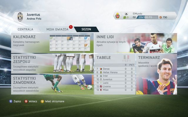 Panel Sezon pełni głównie funkcję informacyjną - znajdziemy w nim szereg statystyk odnoszących się zarówno do kontrolowanego piłkarza, jak i całego zespołu, ponadto znajdziemy tutaj pełen terminarz oraz kalendarz rozgrywek - Menu trybu zawodniczego | Tryb kariery zawodniczej w FIFA 14 - FIFA 14 - poradnik do gry