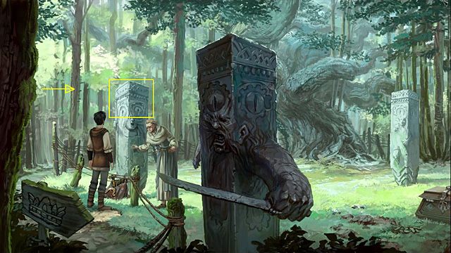 Poproś Nuri (masz ją teraz w ekwipunku), by schowała się za filarem i zagadała do maga (użyj jej na kamiennym słupie z lewej strony mężczyzny) - Dostań się na polanę | Rozdział II Memoria - Memoria - poradnik do gry