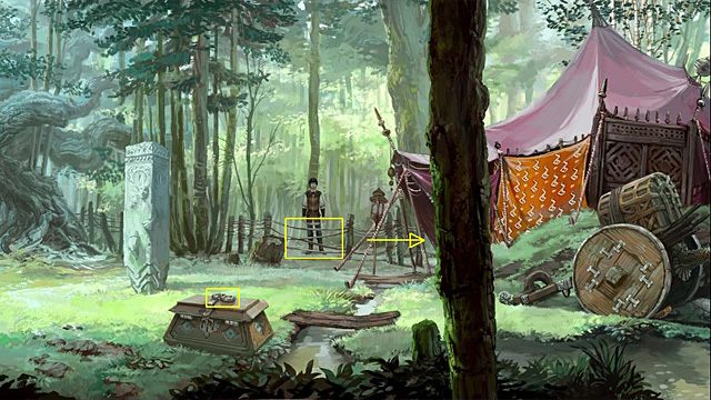 Znalazłszy się w pobliżu namiotu, nożem zlikwiduj sznurkową barierę i wejdź na polanę - zauważ, że stojąca przy strumyku wielka skrzynia tym razem jest zatrzaśnięta - Dostań się na polanę | Rozdział II Memoria - Memoria - poradnik do gry