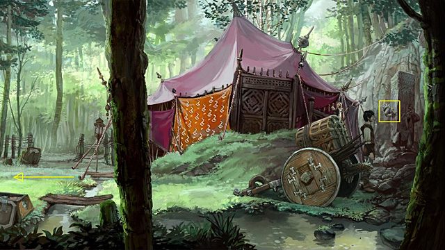 Maszeruj ponownie wzdłuż ogrodzenia w pobliże namiotu, a potem przejdź na jego tyły - Usuń maskę z kamiennego filaru | Rozdział II Memoria - Memoria - poradnik do gry