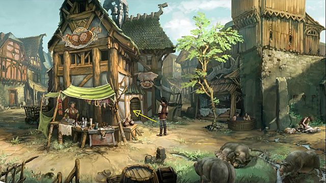 Znalazłszy się w domu, zejdź po drabinie w podłodze, a sprzed budynku udaj się na rynek (w głąb ekranu), zaś tam - do gospody (po lewej) - Poszukaj świadka w gospodzie | Rozdział II Memoria - Memoria - poradnik do gry