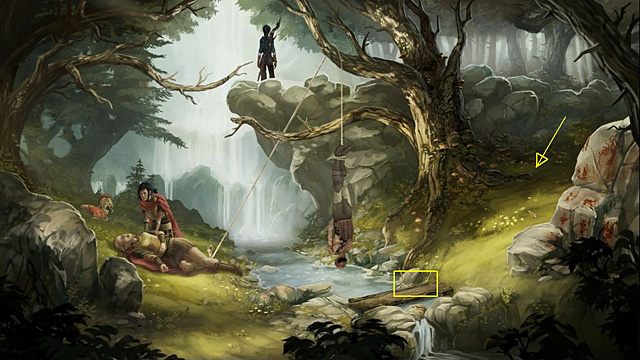 Wróć na dół i wyjmij gałąź z naszyjnikiem z wody, zatrzymały się przy kłodzie drewna - Skradnij Rachwanowi naszyjnik bez zwracania na siebie uwagi | Rozdział III - Memoria - poradnik do gry