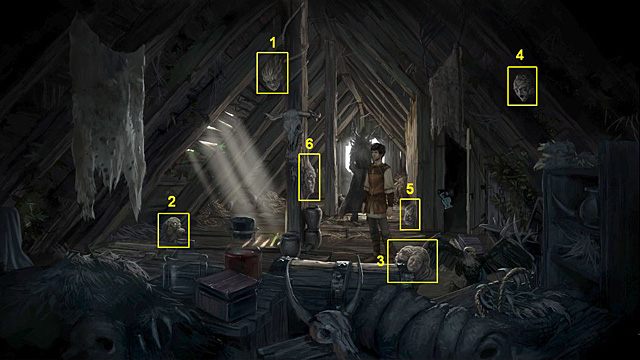 By ją rozwikłać, klikaj kolejno kamienne głowy i wybieraj następujące odpowiedzi (zgodnie z oznaczeniami na obrazku) - Rozwiąż zagadkę szóstego ducha | Rozdział IV Memoria - Memoria - poradnik do gry