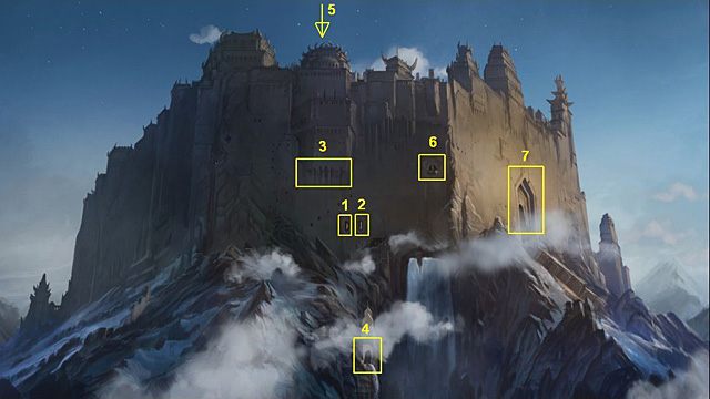 1 - lewe okno laboratorium, 2 - prawe okno laboratorium, 3 - obserwatorium, 4 - sala obrad, 5 - dach, 6 - pokój gościnny, 7 - główna hala. - Przekonaj admirała do udziału Sadji w bitwie | Rozdział V Memoria - Memoria - poradnik do gry