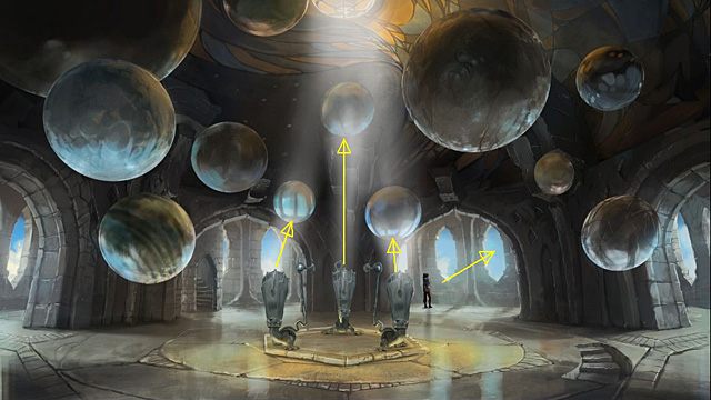 Tym razem wleć do obserwatorium, gdzie trzy urządzenia przypominające tuby w centrum pomieszczenia ustaw tak, by oświetlały znajdujące się bezpośrednio nad nimi kule - Przekonaj admirała do udziału Sadji w bitwie | Rozdział V Memoria - Memoria - poradnik do gry