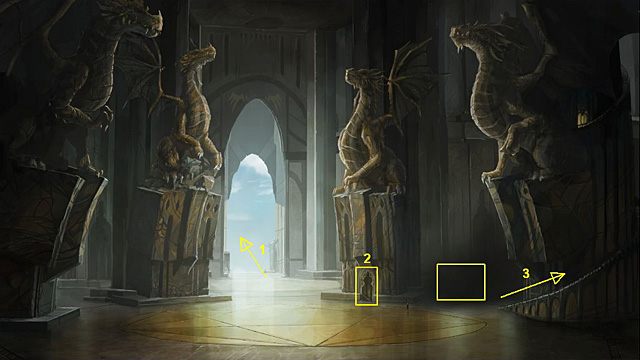 1 - do hali głównej, 2 - do sali obrad, 3 - do obserwatorium. - Porozmawiaj z kapłanem w bibliotece o Ogrodzie Zapomnienia | Rozdział V - Memoria - poradnik do gry