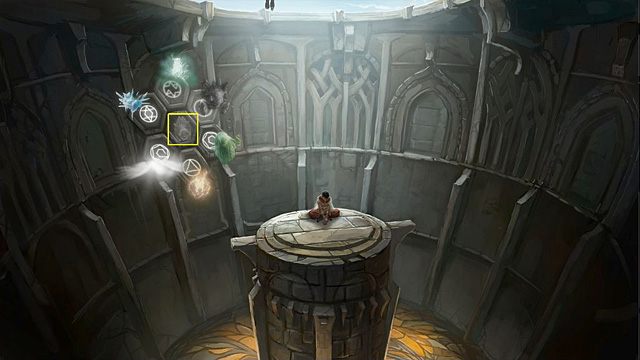 Reasumując: zaczynając od pola nad duchem powietrza i idąc zgodnie z ruchem wskazówek zegara, ulokuj kolejno: ducha lodu (1), ducha wody (2), ducha kruszcu (3), ducha ziemi (4) i ducha ognia (5) (rozwiązanie zagadki na fotce powyżej) - Zgromadź duchy wszystkich żywiołów i znajdź trzy sekretne komory | Rozdział V - Memoria - poradnik do gry