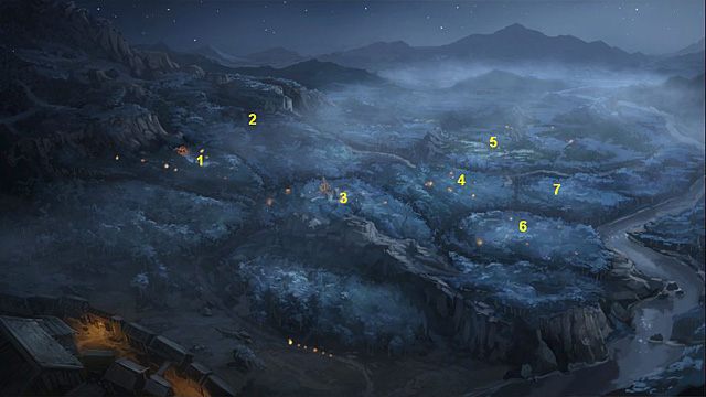 1 - obozowisko, 2 - wodospad, 3 - skała, 4 - wzgórze, 5 - bagna, 6 - prawa część lasu, 7 - brzeg rzeki. - Znajdź Fahiego i jego córkę, zanim uda się to innym | Rozdział VI Memoria - Memoria - poradnik do gry