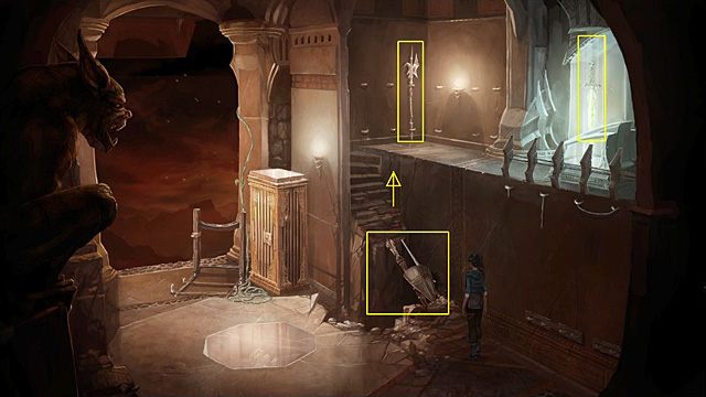 Następnie w miejscu uderzenia, gdzie widnieje wielka wyrwa w schodach (po prawej), połóż miecz z shurikenem i przedłużony buzdygan - Uwolnij magiczną laskę i opuść zbrojownię | Rozdział VII Memoria - Memoria - poradnik do gry