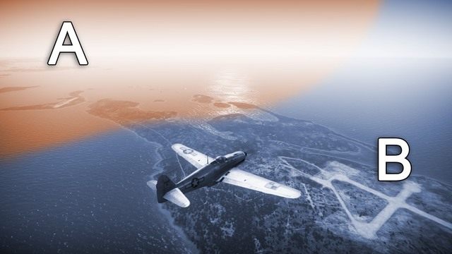 Przepiękne rejony są podzielone na dwa sektory o takiej samej nazwie jak strefy naziemne, czyli A i B - Peleliu w War Thunder | Mapy - samoloty - War Thunder - poradnik dla początkujących