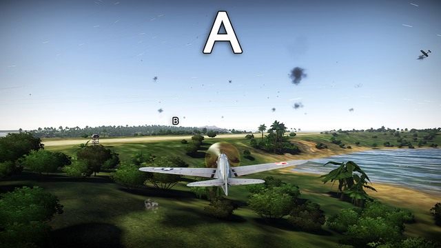 W tej chwili widzisz lotnisko w tej części mapy, a samolot kieruje się w stronę B - Peleliu w War Thunder | Mapy - samoloty - War Thunder - poradnik dla początkujących