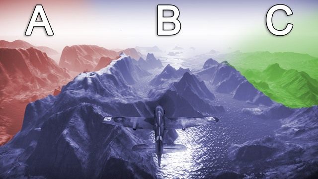 Jak widzisz mapa Fiordy została podzielona na trzy strefy, A, B oraz C - Fiordy w War Thunder | Mapy - samoloty - War Thunder - poradnik dla początkujących