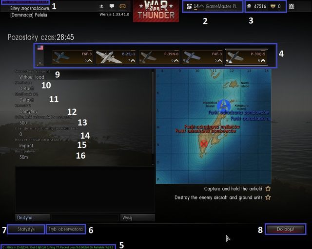 Na zdjęciu powyżej zostało przedstawione menu gry ukazujące się wszystkim graczom po dołączeniu do wybranej bitwy - Interfejs gry War Thunder | Podstawy rozgrywki - War Thunder - poradnik dla początkujących