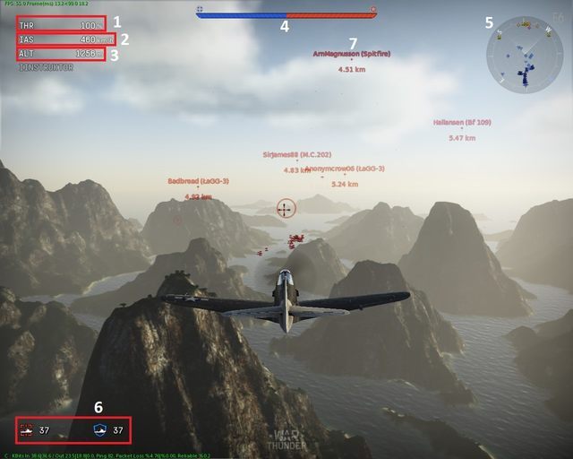 Na zdjęciu powyżej zostały oznaczone główne elementy, które zaobserwujemy podczas rozgrywki - Interfejs gry War Thunder | Podstawy rozgrywki - War Thunder - poradnik dla początkujących