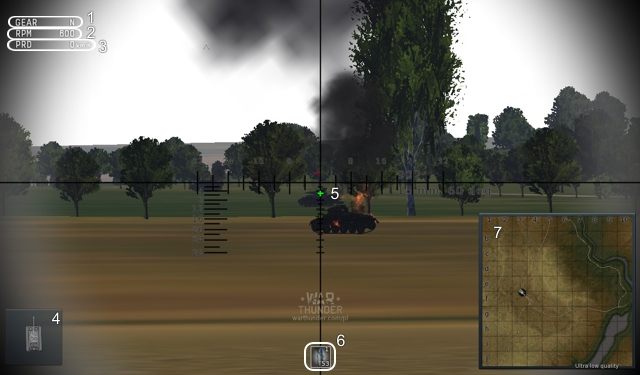 Na zdjęciu powyżej zostały oznaczone główne elementy, które zaobserwujemy podczas rozgrywki - Interfejs gry War Thunder | Podstawy rozgrywki - War Thunder - poradnik dla początkujących