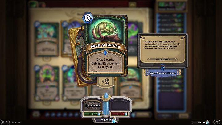 Przykładowo, prezentowana powyżej karta Łowcy Demonów Czaszka Guldana może dobrać 3 karty i dodatkowo zmniejszyć ich koszt aż o 3 punkty Many, jeśli zostanie zagrana z lewego lub prawego skraju ręki Gracza - Hearthstone Popioły Rubieży: Łowca Demonów - dobra talia - Hearthstone: Heroes of Warcraft - porady i polecane decki