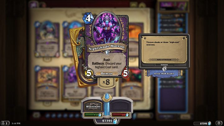 Tak wysokie statystyki i zdolność Zrywu mają swoją cenę, ponieważ Matrona Nocnic przy zagraniu odrzuca z ręki Gracza kartę o najwyższym koszcie Many - Hearthstone Popioły Rubieży: Czarnoksiężnik - dobra talia - Hearthstone: Heroes of Warcraft - porady i polecane decki