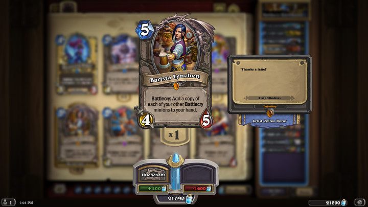 Barista Lynchen to karta, która przy zagraniu kopiuje wszystkich przyjaznych stronników z Okrzykiem Bojowym znajdujących się na planszy i dodaje ich do Twojej ręki - Szaman - Thrall, Przeobraziciel Mogu w Hearthstone - dobra talia - Wybawcy Uldum - Hearthstone: Heroes of Warcraft - porady i polecane decki