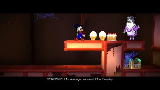Pomijając fakt, że niewiadomo dlaczego w mrocznym zamczysku spotykamy na swojej drodze akurat kucharkę Mrs. Beakley, wszystko jest w jak największym porządku. A zwłaszcza tort. Mniam. - Drugie, trzecie i czwarte piętro | Transylwania | DuckTales - DuckTales Remastered - poradnik do gry