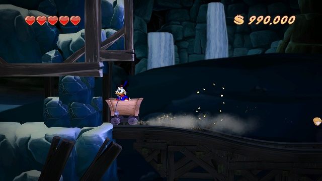 Szczerze powiedziawszy to drewniany wózek powinien rozwalić się w drzazgi, ale niech będzie. - Niezbadane czeluści | Afrykańskie kopalnie | DuckTales - DuckTales Remastered - poradnik do gry