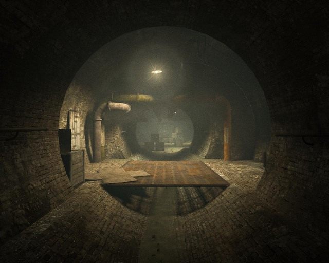 Tunel kanałowy, na jego końcu dwie ścieżki prowadzące do zaworów - Sewer | Solucja Outlast - Outlast - poradnik do gry