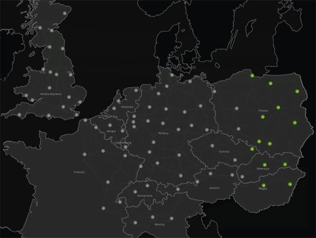 Miasta dostępne w grze. Na zielono zaznaczono te, które pojawiają się w dodatku. - Świat gry | Podstawy | ETS 2 Going East - Euro Truck Simulator 2: Going East! Ekspansja Polska - poradnik do gry